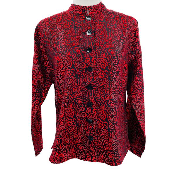 Additions by Chicos Red & Black Floral Satin Mock Collar Jacket Women Sz S - Picture 1 of 10